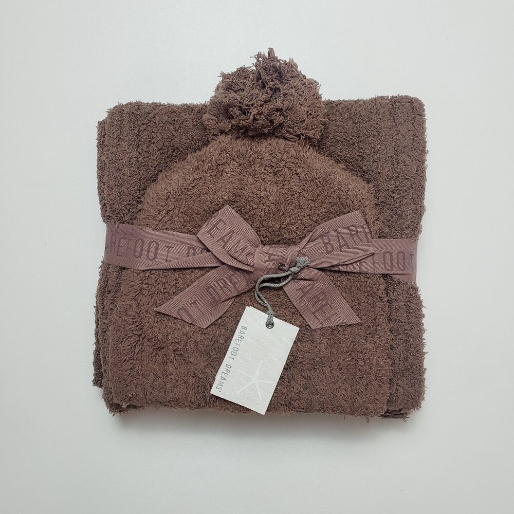 Barefoot Dreams CozyChic Pom Pom Beanie & Scarf Set Chestnut OS Warm Winter Wear
